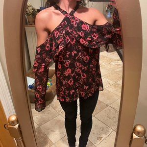 Ecru Halter Cold Shoulder Floral Long Sleeve